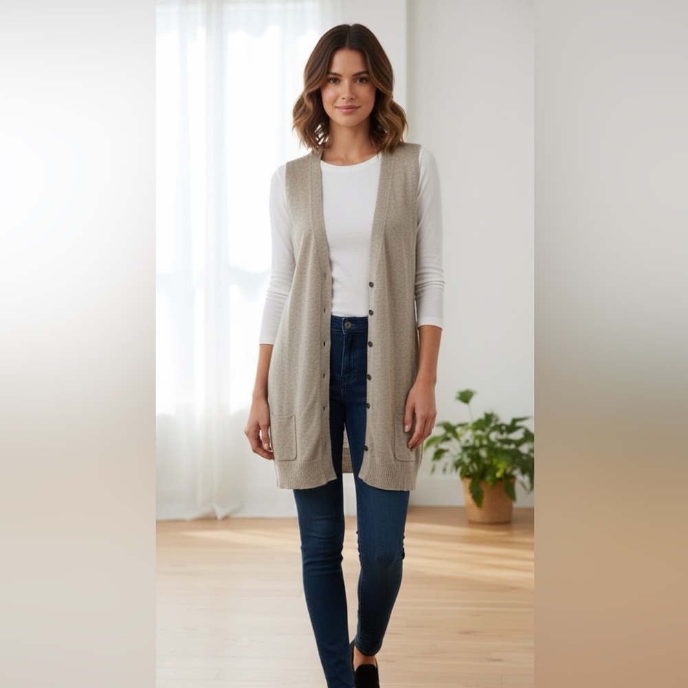 Eileen Fisher 100% linen beige tan cardigan vest size large